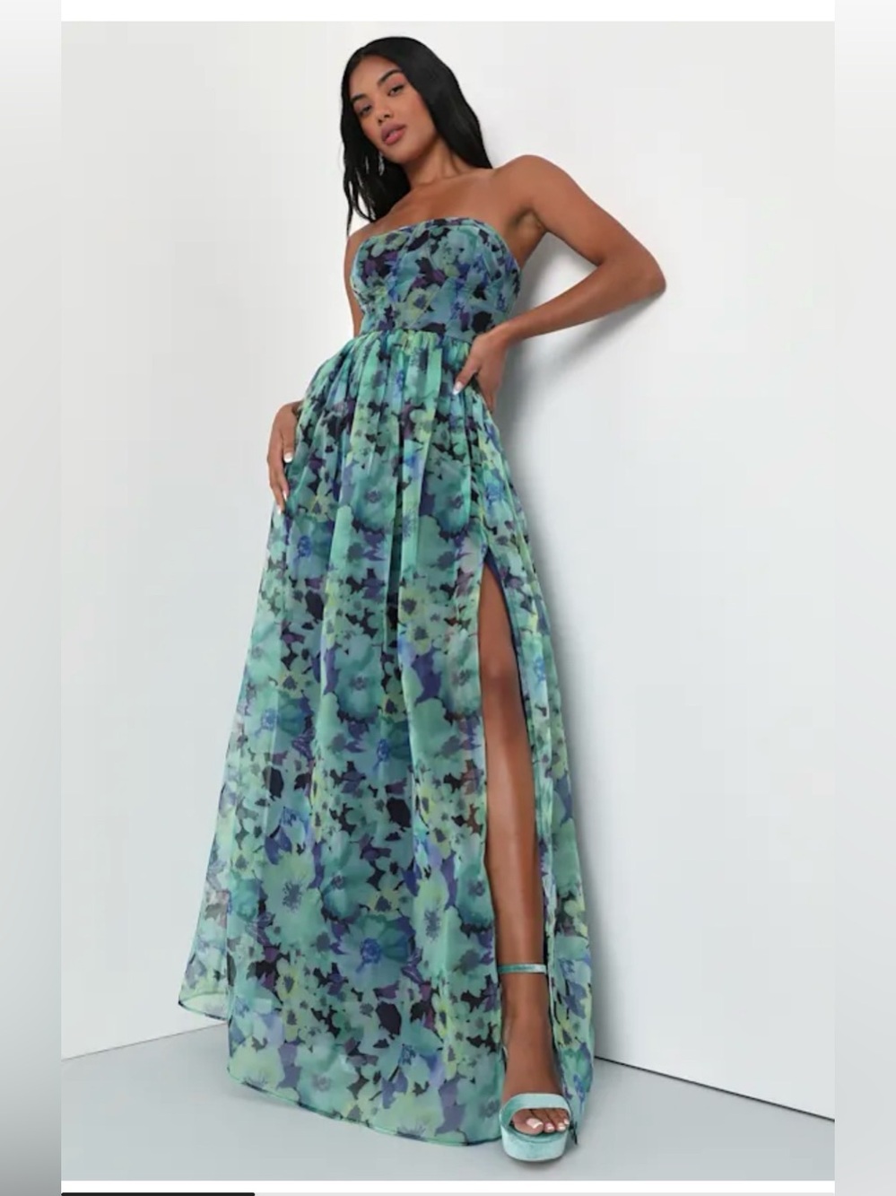 NWT Lulu’s Wonderful Waltz Green Floral Maxi Strapless Dress SZ Small